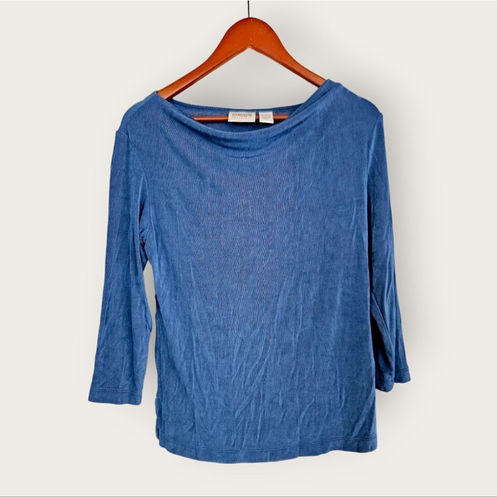 Chico's Travelers Cameron Cowl Boat Neck 3/4 Sleeve Top Blouse in Blue Fox M/8